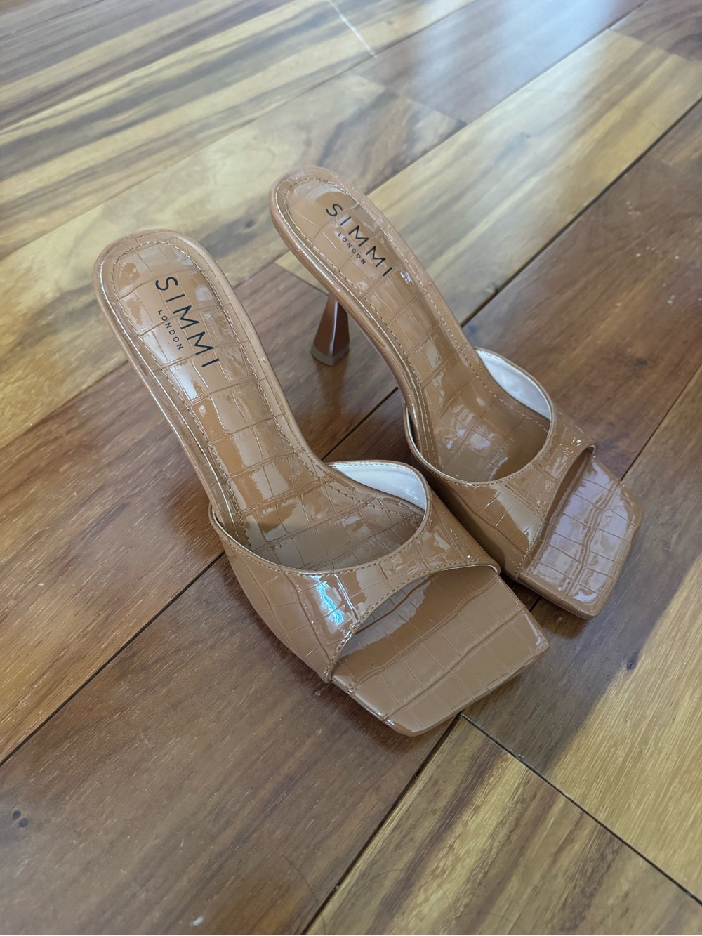 Tan Croc-Effect Square Toe Mule Heels | SIMMI LONDON